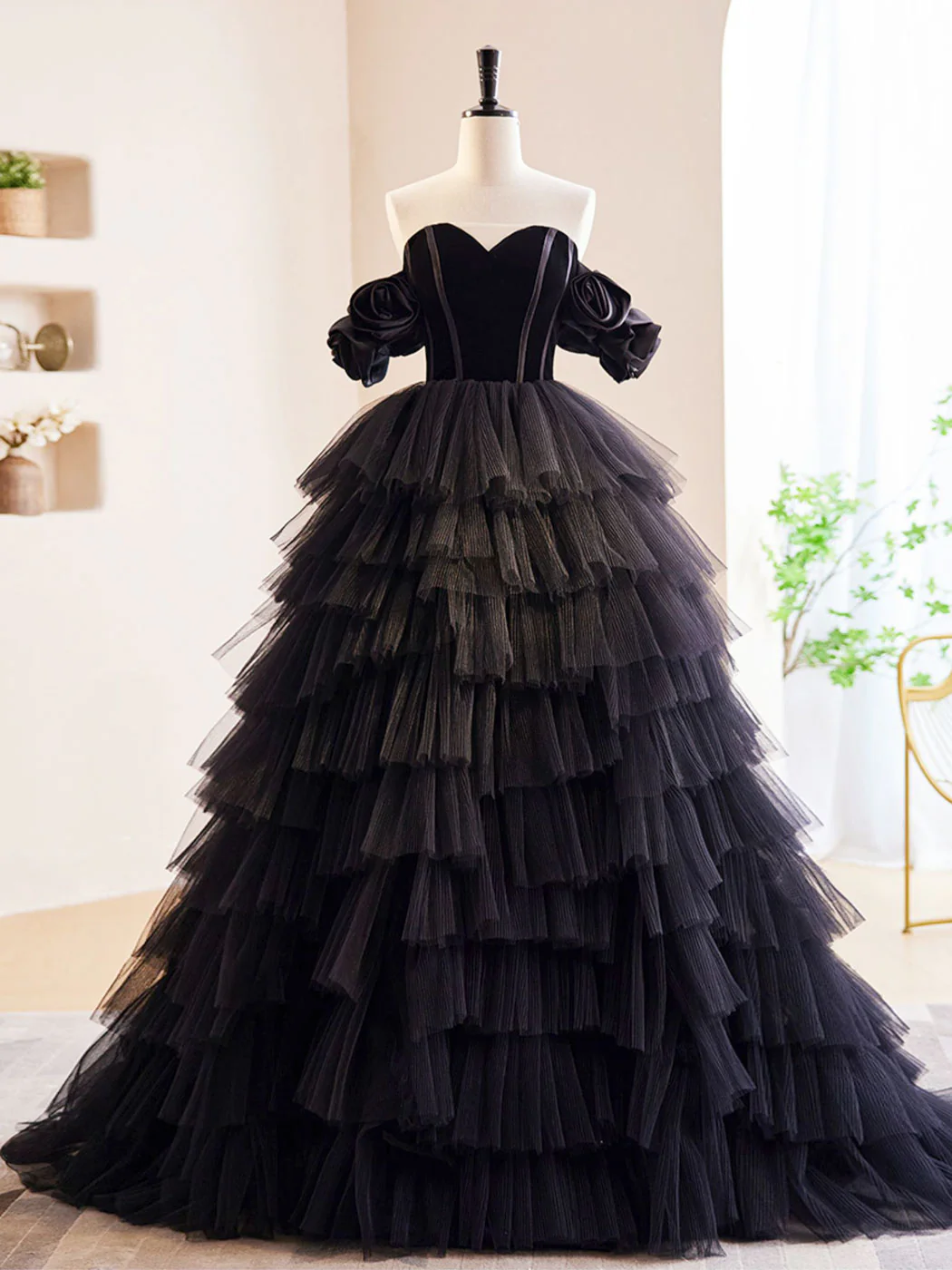 Black Off Shoulder Tulle Long Prom Dress, Black Formal Evening Dress - Deanwangkt