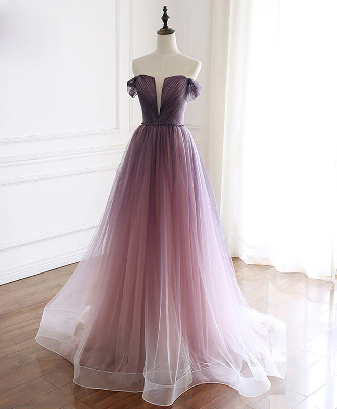 Simple Tulle Off Shoulder Long Prom Dress, Tulle Formal Dress - Deanwangkt