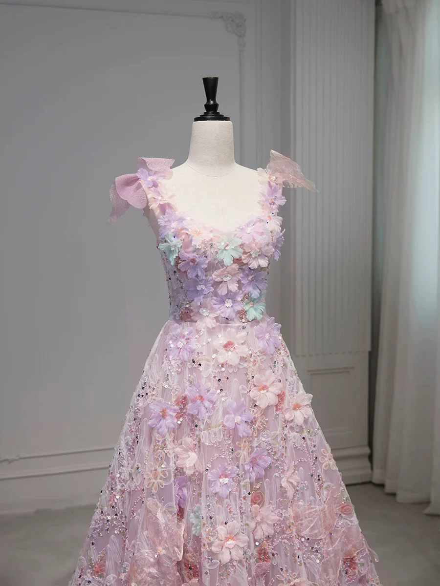 A-Line Tulle Lace 3D Flowers Pink Long Prom Dress, Pink Long Evening Dress - Deanwangkt
