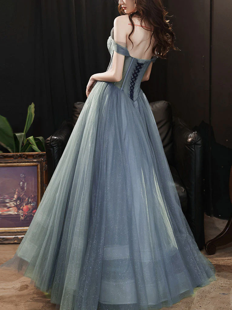 A-line Sweetheart Neck Gray Blue Tulle Long Prom Dress Blue Evening Dress - Deanwangkt