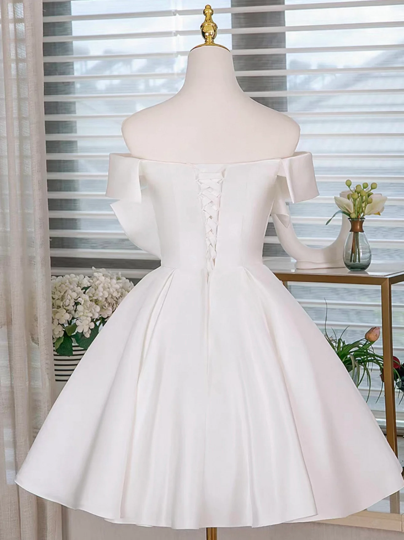 A-Line Off Shoulder White Short Prom Dress, White Homecoming Dress - Deanwangkt