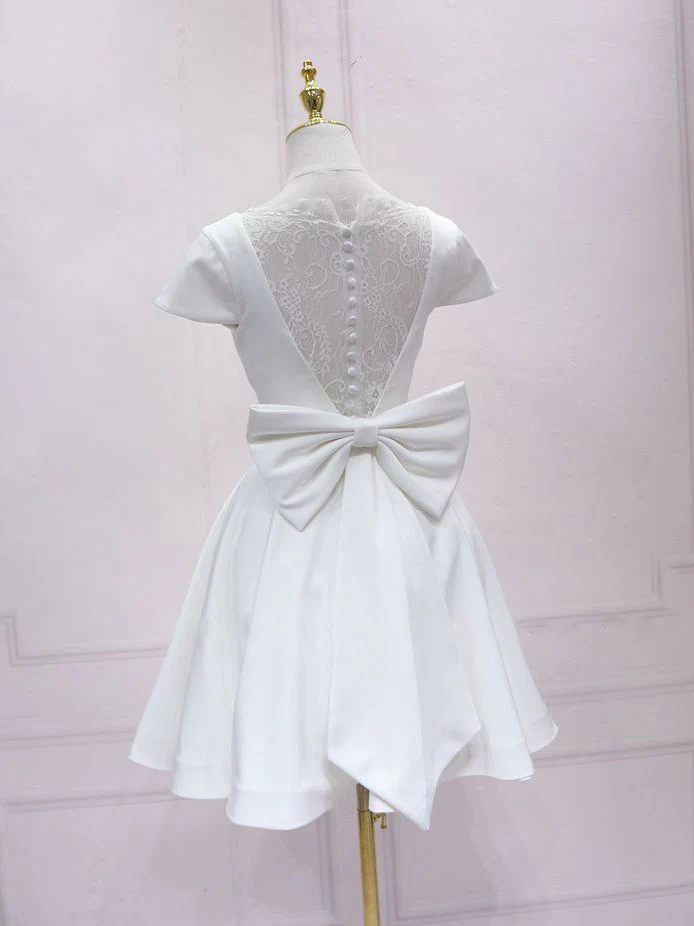 Simple White V Neck Lace Short Prom Dress, White Bridesmaid Dress - Deanwangkt