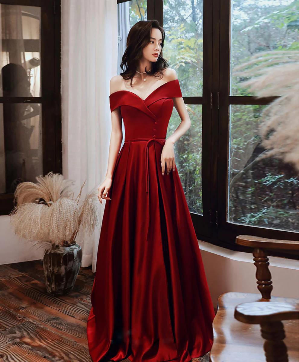 Simple V Neck Off Shoulder Satin Long Prom Dress Evening Dress - Deanwangkt