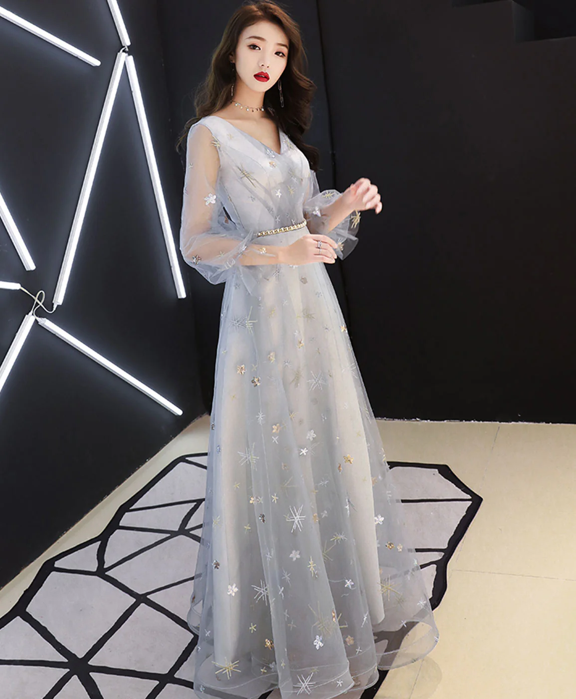 Gray V Neck Tulle Lace Long Prom Dress, Gray Tulle Evening Dress - Deanwangkt