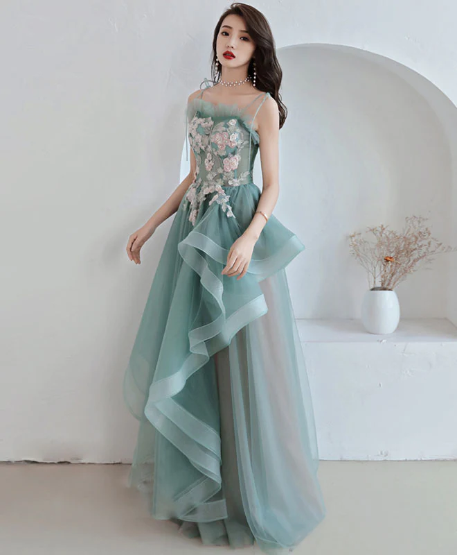 Green Tulle Lace Long Prom Dress, Green Tulle Lace Evening Dress - Deanwangkt
