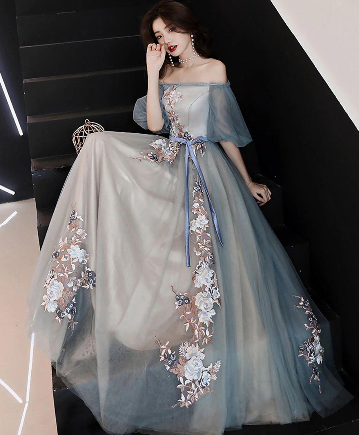 Gray Blue Tulle Lace Long Prom Dress, Gray Blue Evening Dress - Deanwangkt