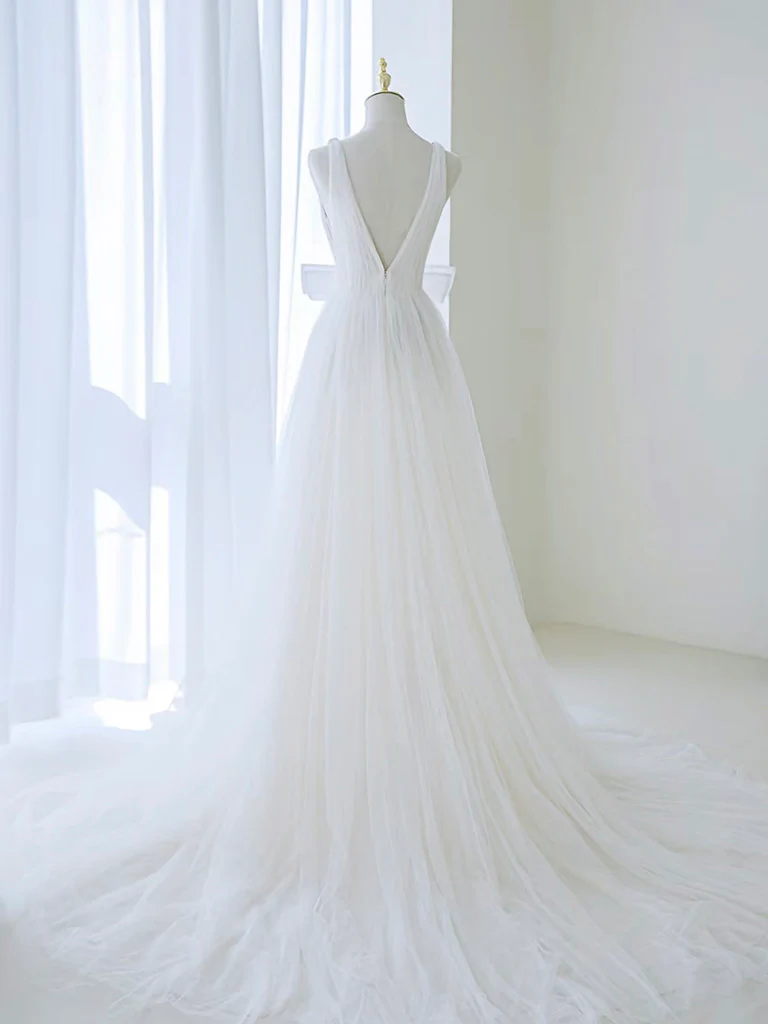 A-Line V Neck White Tulle Long Wedding Dress with Bow - Deanwangkt