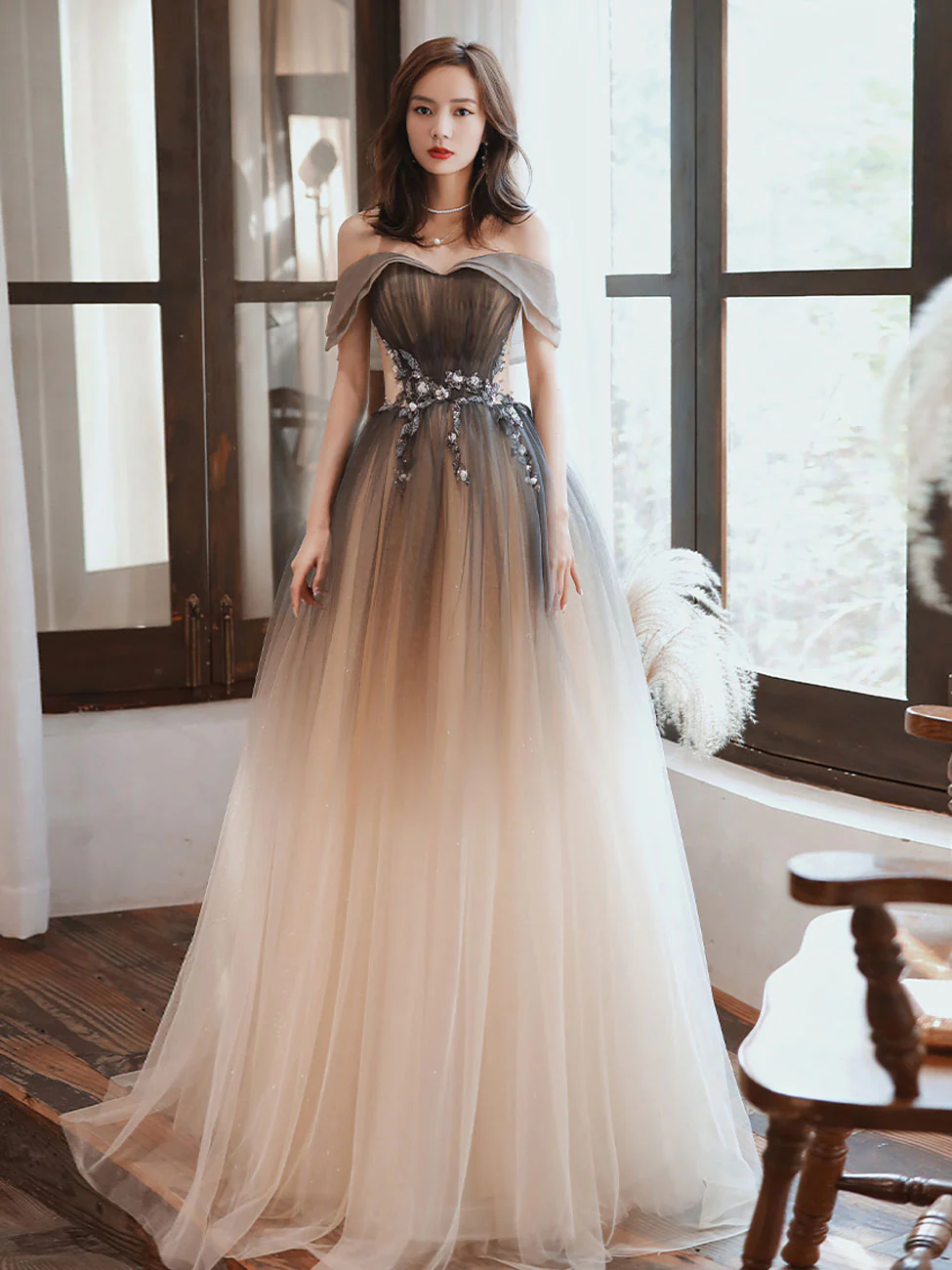 A Line Brown Long Prom Dresses, Off Shoulder Brown Formal Graduation Dresses - Deanwangkt