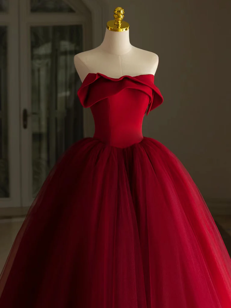 A-Line Tulle Burgundy Long Prom Dress, Burgundy Long Formal Dress - Deanwangkt