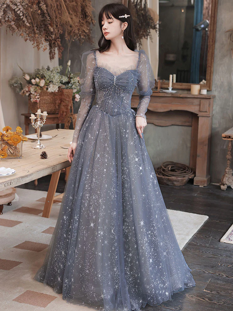 Gray Blue Tulle Lace Long Prom Dress, Gray Tulle Lace Evening Dress - Deanwangkt