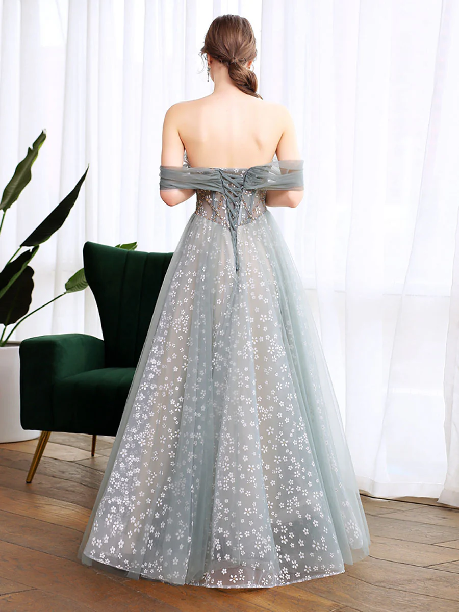 Gray Blue Tulle Lace Long Prom Dress, Gray Blue Evening Dress - Deanwangkt