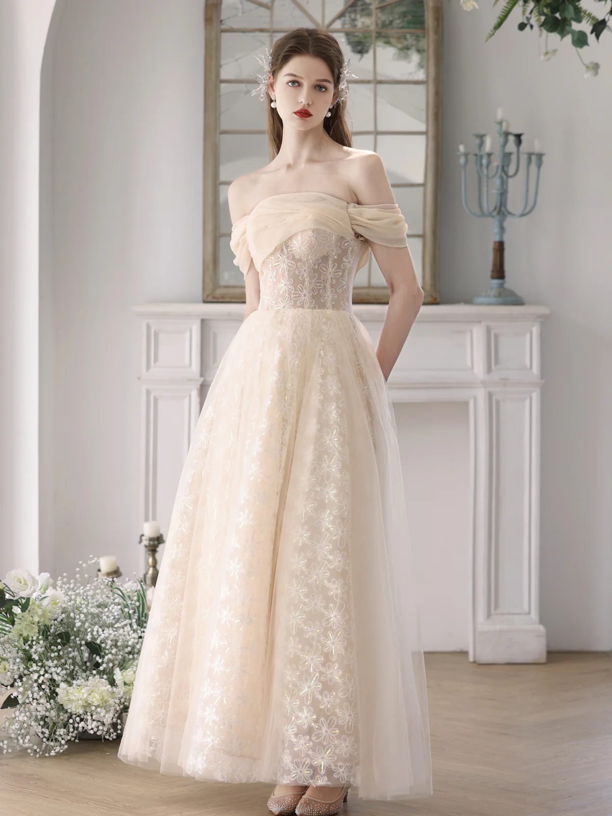 Champagne A-Line Tulle Lace Long Prom Dress, Champagne Formal Dress - Deanwangkt