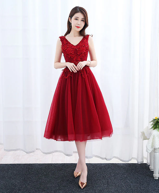 Burgundy V Neck Tulle Short Prom Dress, Lace Evening Dress - Deanwangkt