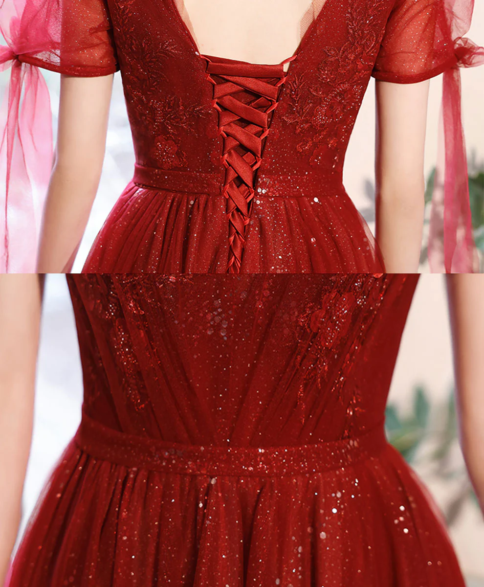 Burgundy V Neck Tulle Lace Long Prom Dress Burgundy Formal Dress - Deanwangkt