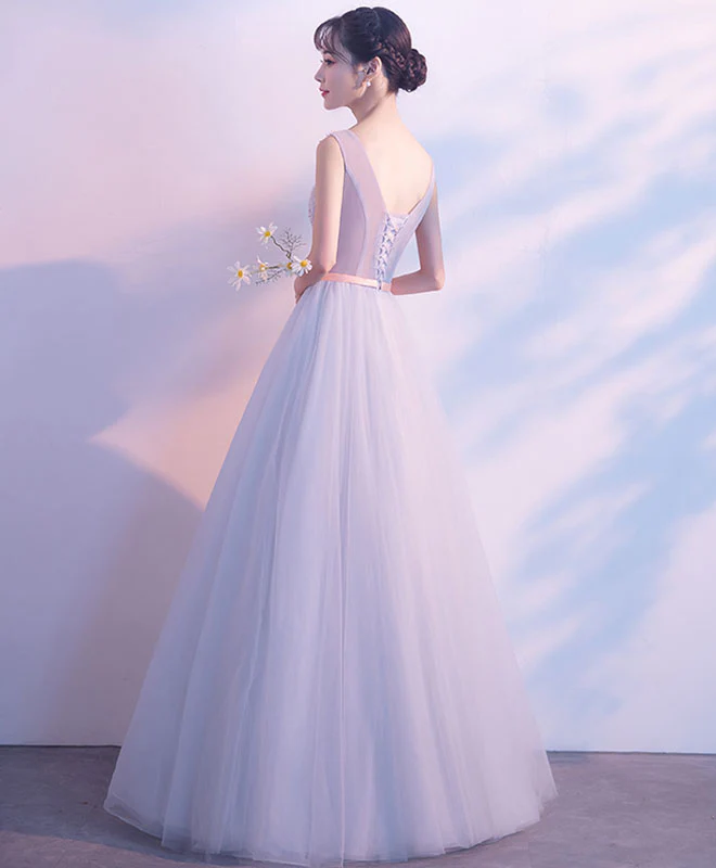 Gray Tulle Lace V Neck Long Prom Dress, Evening Dress - Deanwangkt