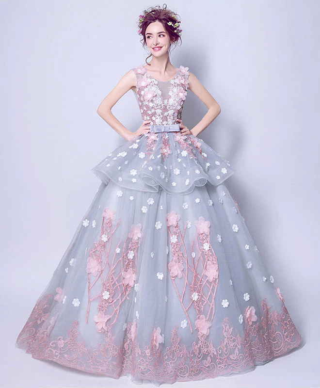 Unique Round Neck Tulle Lace Long Prom Dress, Gray Evening Dress - Deanwangkt
