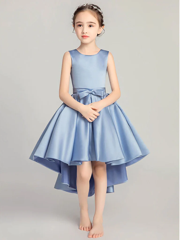 A-Line Round Neck High Low Satin Blue Short Flower Girl Dress - Deanwangkt