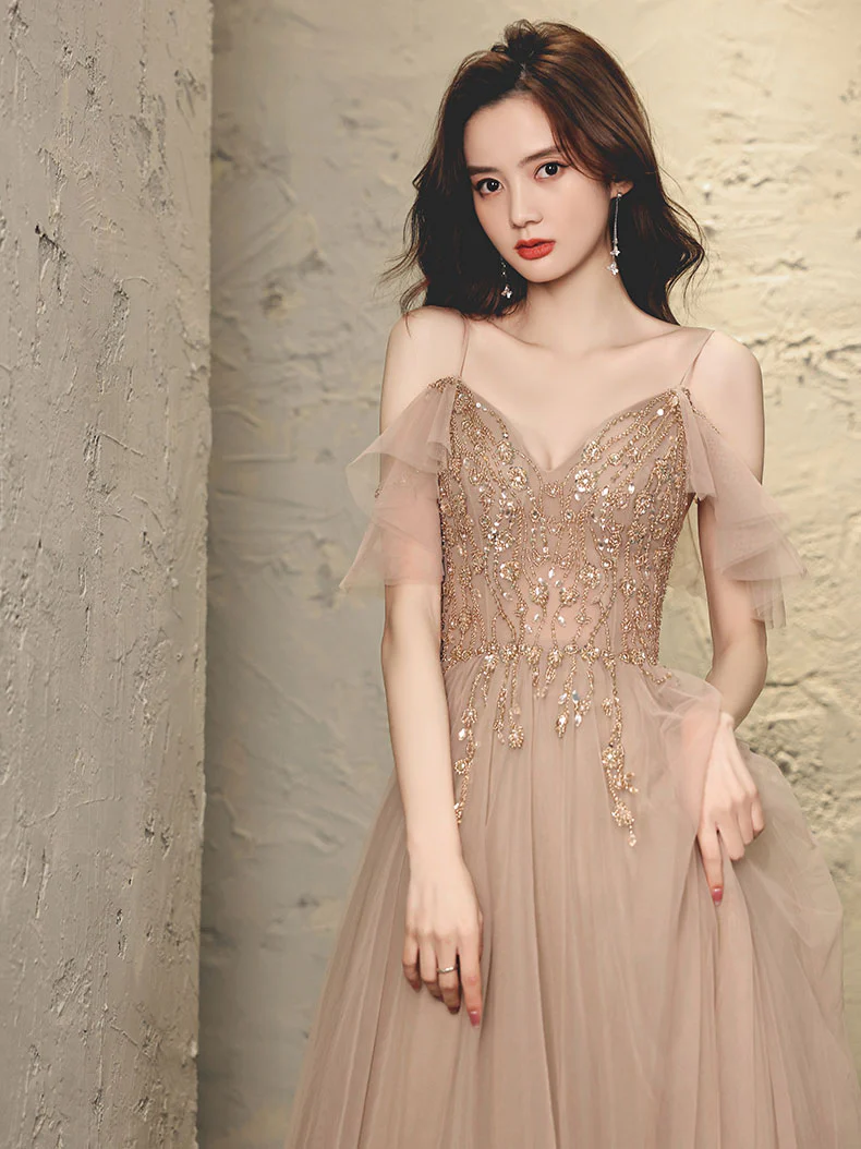 Champagne V Neck Tulle Beads Long Prom Dress, Champagne Evening Dress - Deanwangkt