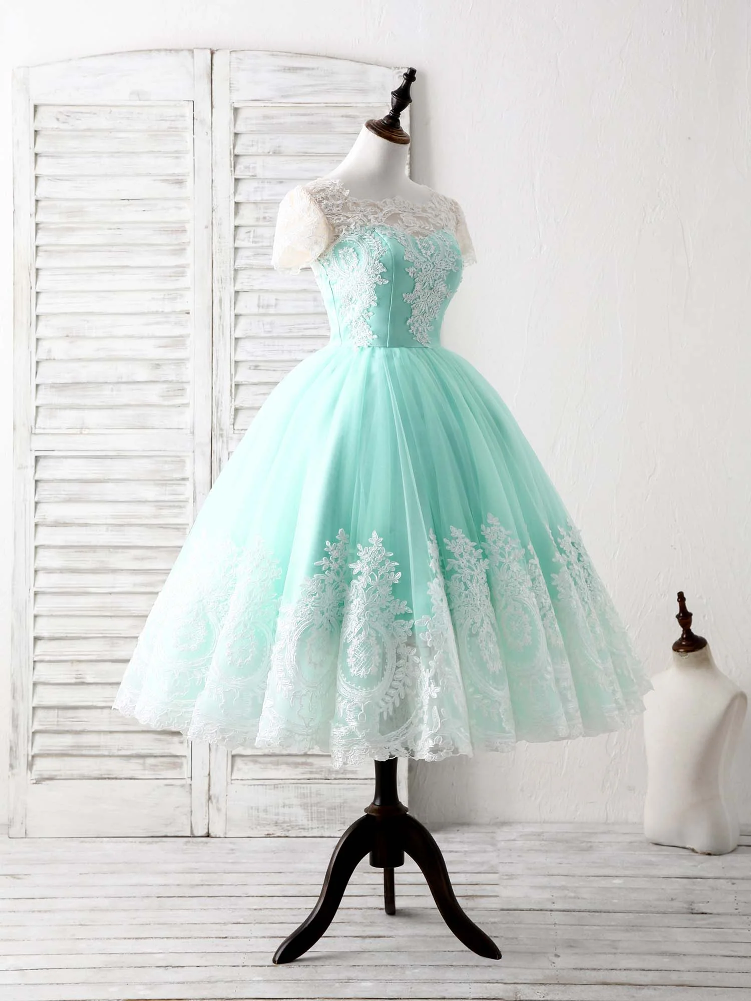 Green Round Neck Lace Applique Tulle Short Prom Dresses - Deanwangkt