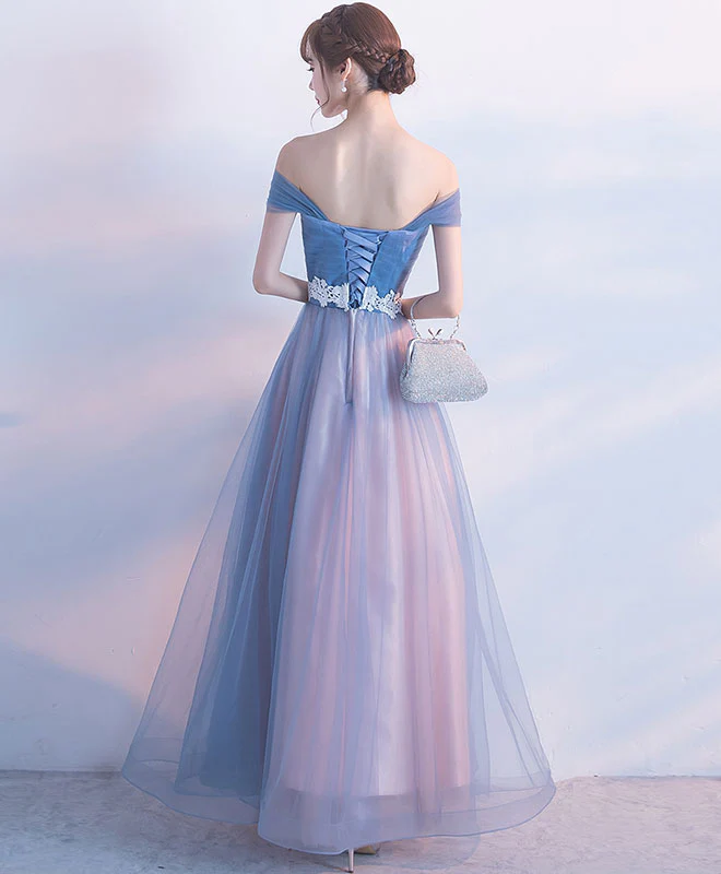 Gray Blue Tulle Long Prom Dress, Gray Blue Tulle Bridesmaid Dress - Deanwangkt