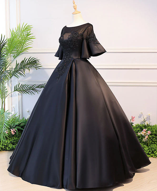 Black Round Neck Satin Lace Long Prom Dress, Sweet 16 Dress - Deanwangkt