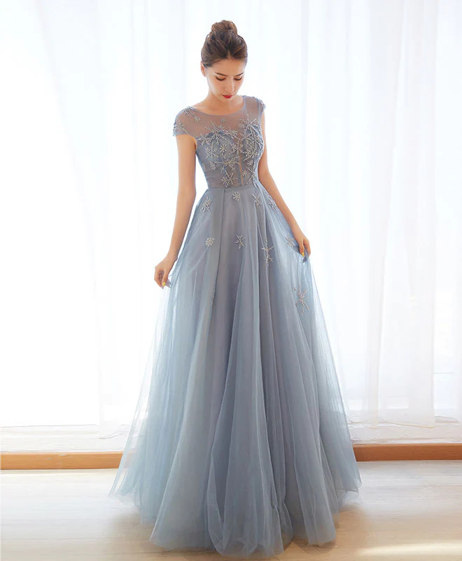 Gray Blue Tulle Long Prom Dress, Gray Blue Evening Dress - Deanwangkt