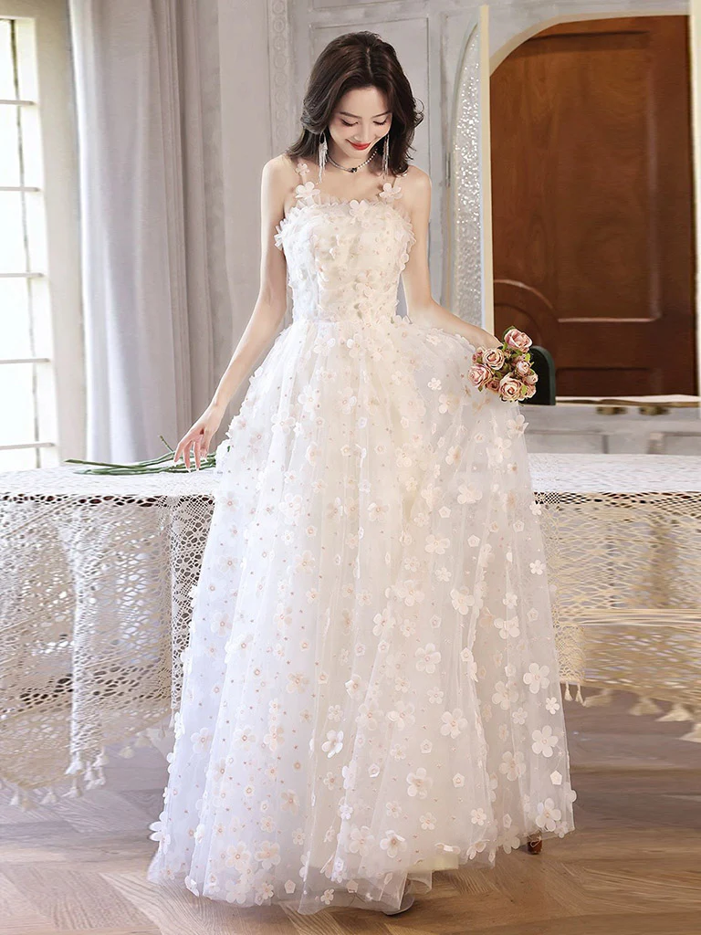White A-Line Tulle Flower Long Prom Dress, White Formal Evening Dress - Deanwangkt