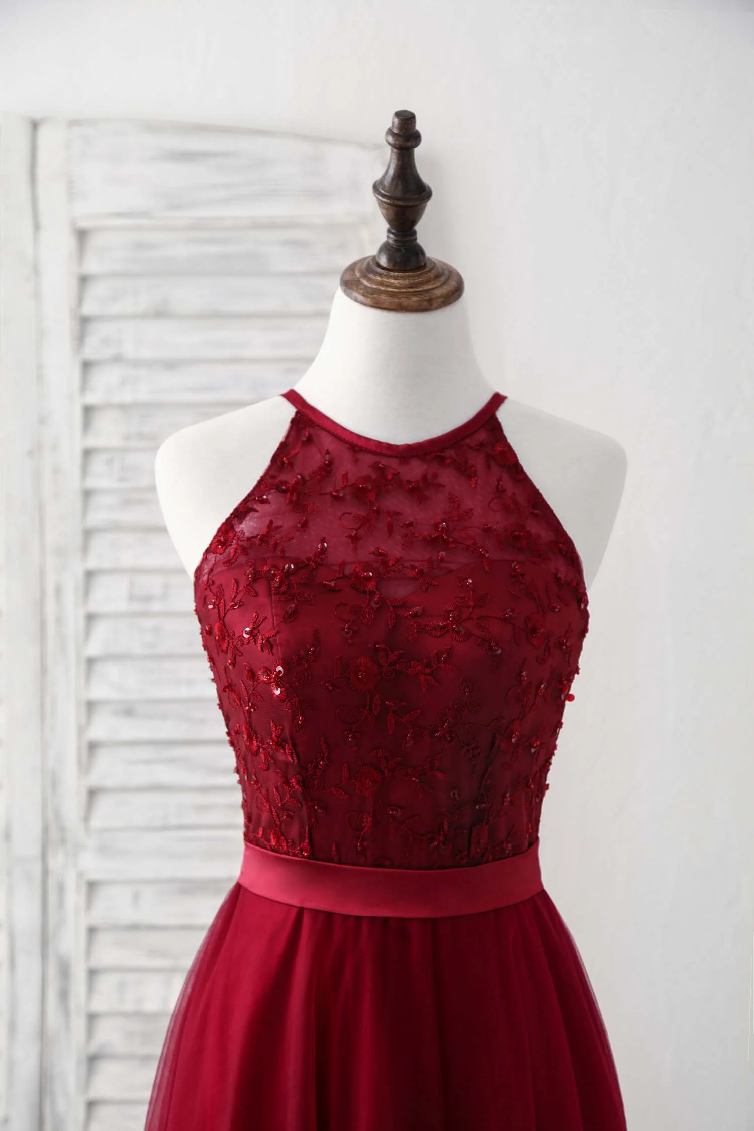 Burgundy Tulle Lace Long Prom Dress, Burgundy Bridesmaid Dress - Deanwangkt