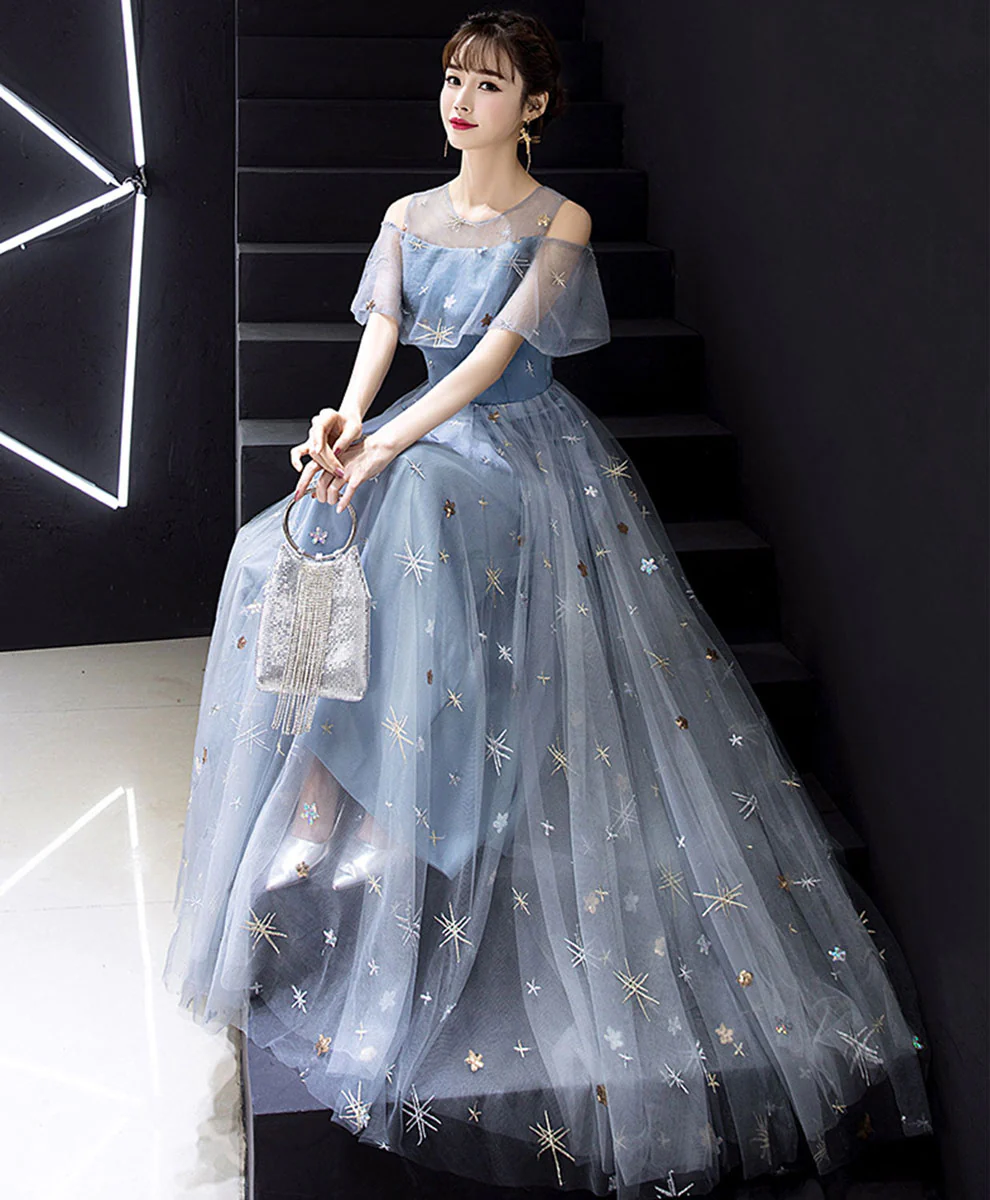 Blue Round Neck Tulle Long Prom Dress, A- Line Blue Long Tulle Evening Dress - Deanwangkt
