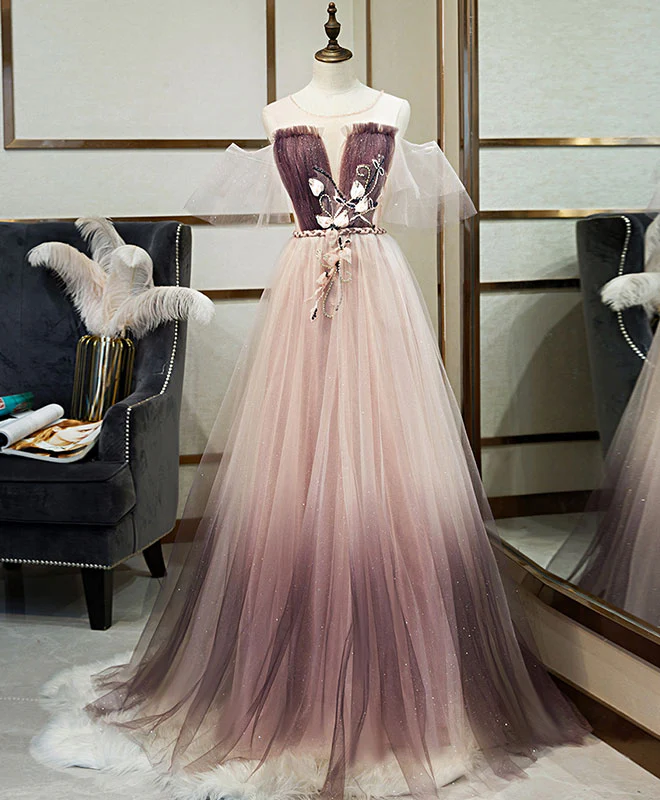 Unique Tulle Round Neck Lace Long Prom Dress Tulle Evening Dress - Deanwangkt