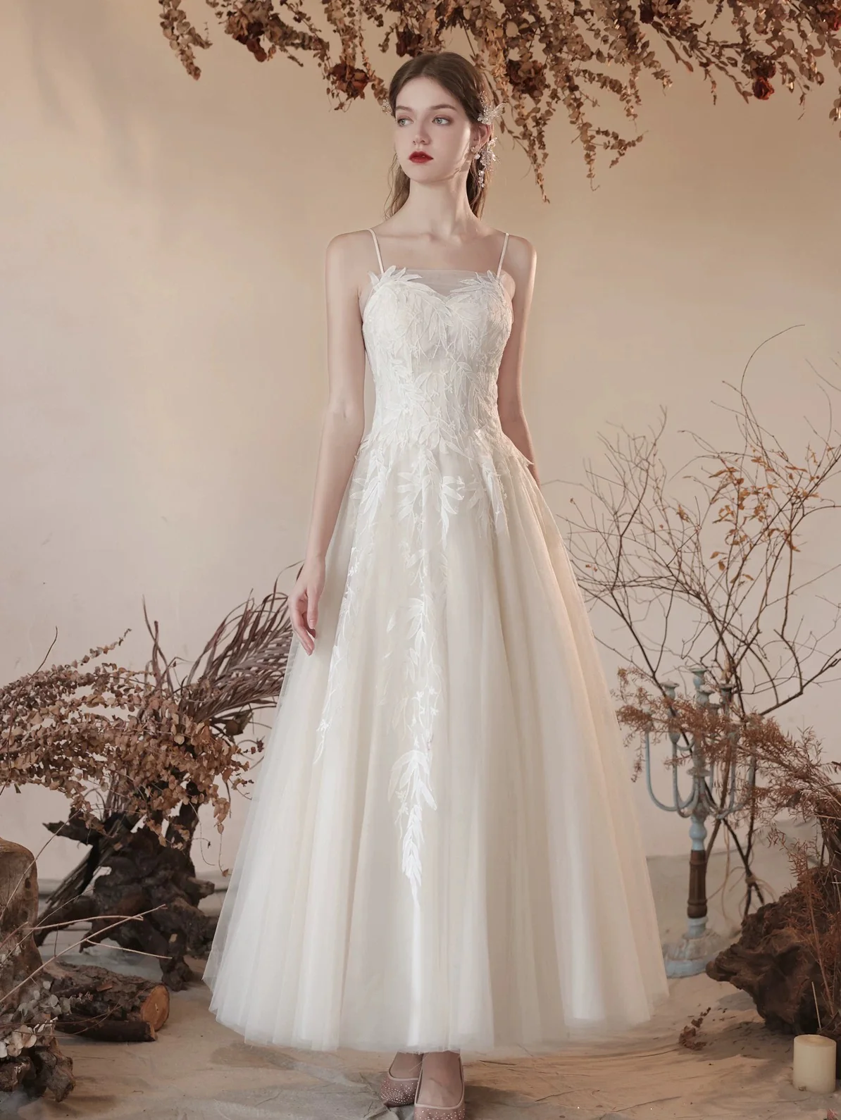 A-Line Tulle Lace Tea Length White Prom Dress, White Long Formal Dreess - Deanwangkt