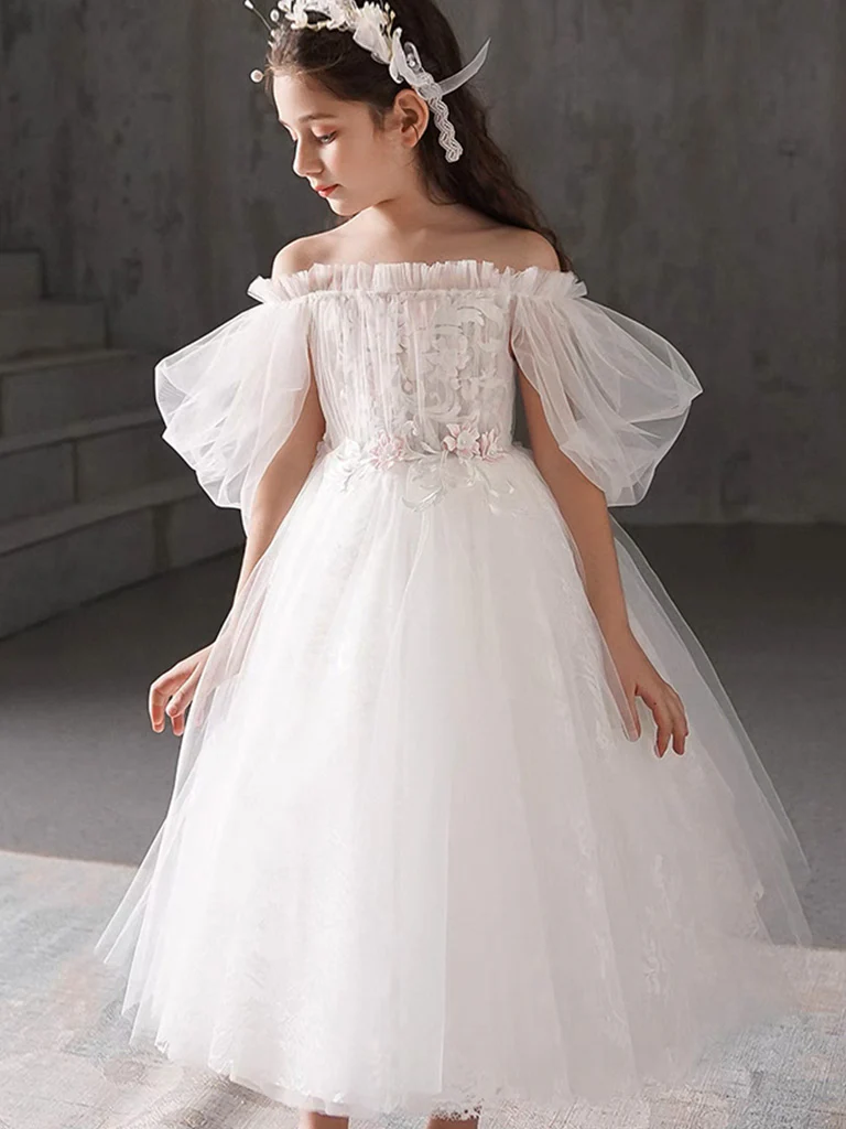 Puff Sleeves Tulle Tea Length White Flower Girl Dress - Deanwangkt