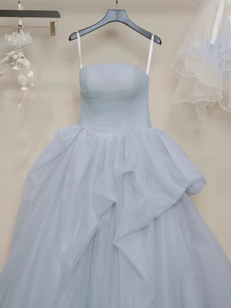 A-Line Tulle Gray Blue Long Prom Dress, Gray Blue Long Evening Dress - Deanwangkt