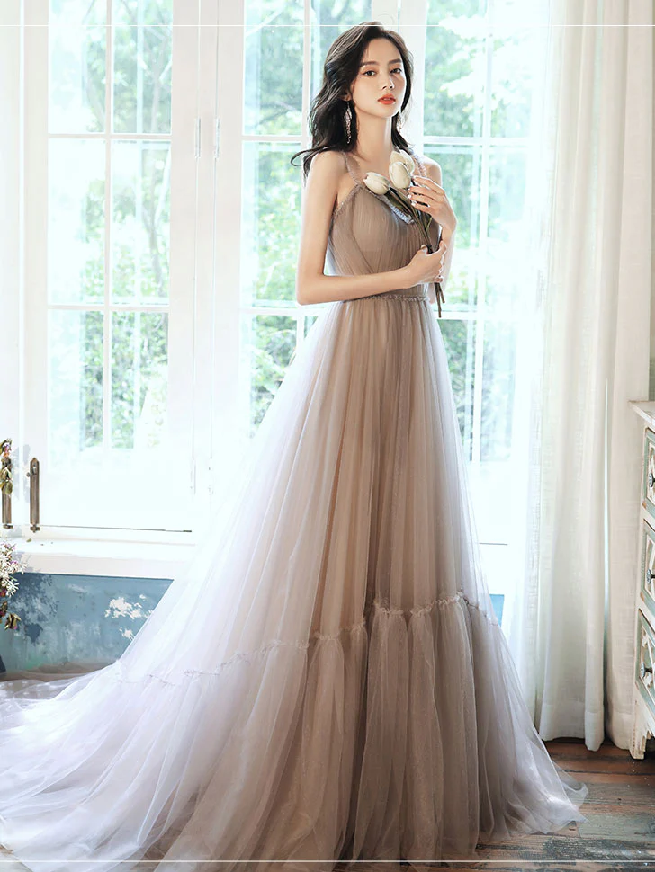 Simple Gray V Neck Tulle Long Prom Dress Gray Formal Dress - Deanwangkt