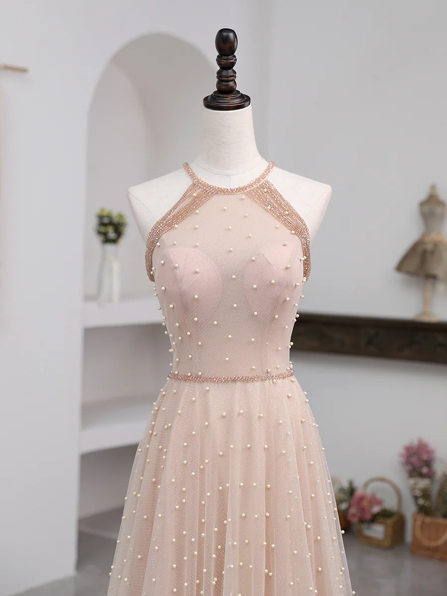 Champagne Pink Long Prom Dress, A Line Tulle Formal Dress Graduation Dresses - Deanwangkt