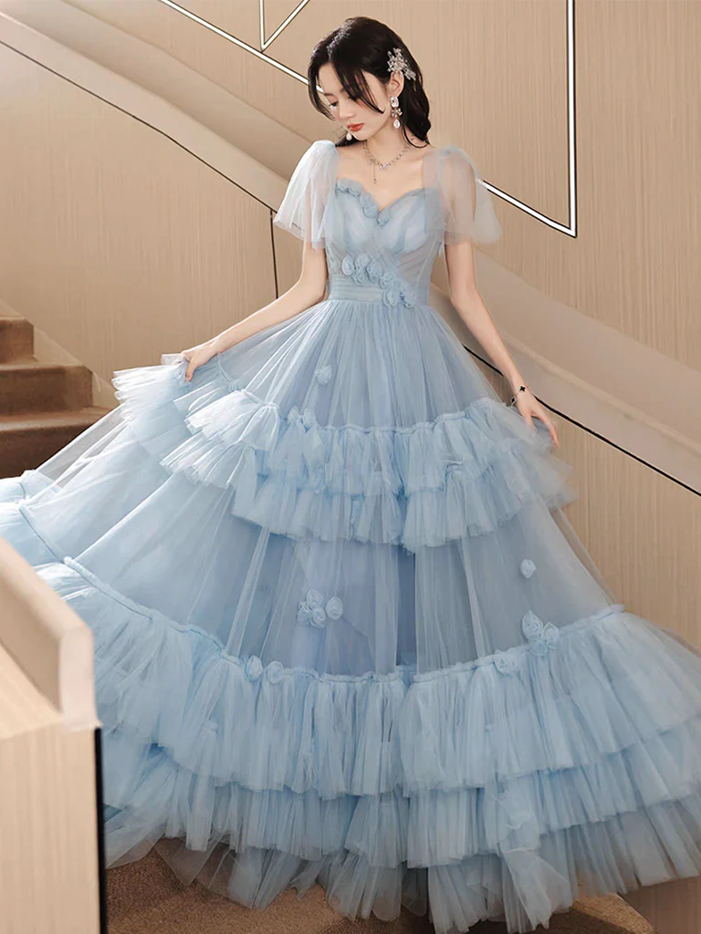 A-Line Tulle Blue Long Prom Dress, Blue Tulle Long Evening Formal Dress - Deanwangkt