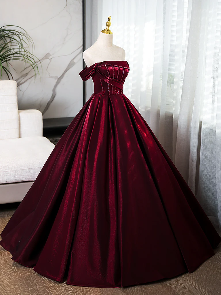 A-Line off Shoulder Satin Burgundy Long Prom Dress, Burgundy Evening Dress with Beads - Deanwangkt