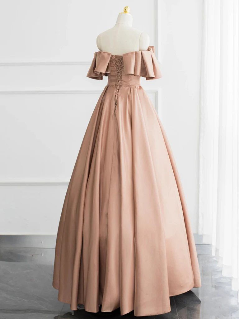 Champagne A-Line Off Shoulder Satin Long Prom Dress, Champagne Formal Dress - Deanwangkt