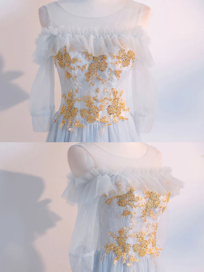 Simple Tulle Lace Gray Prom Dresses, Tea Length Lace Bridesmaid Dresses - Deanwangkt