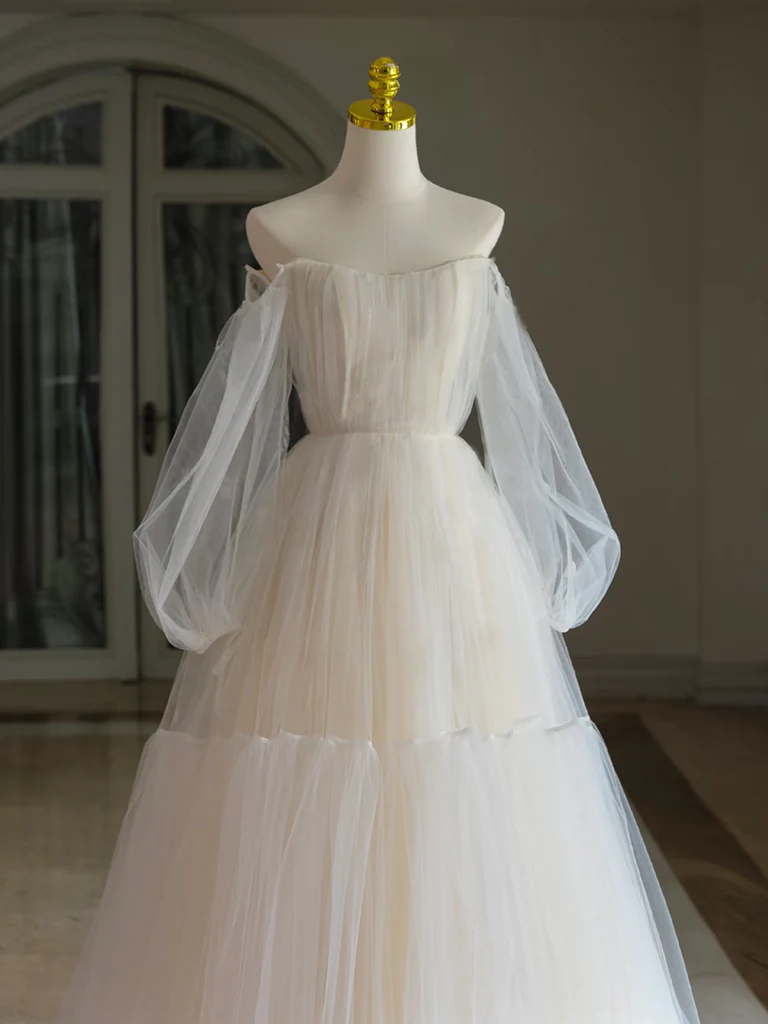 A-Line Tulle Long Sleeve Light Champagne Prom Dress, Light Champagne Formal Dress - Deanwangkt