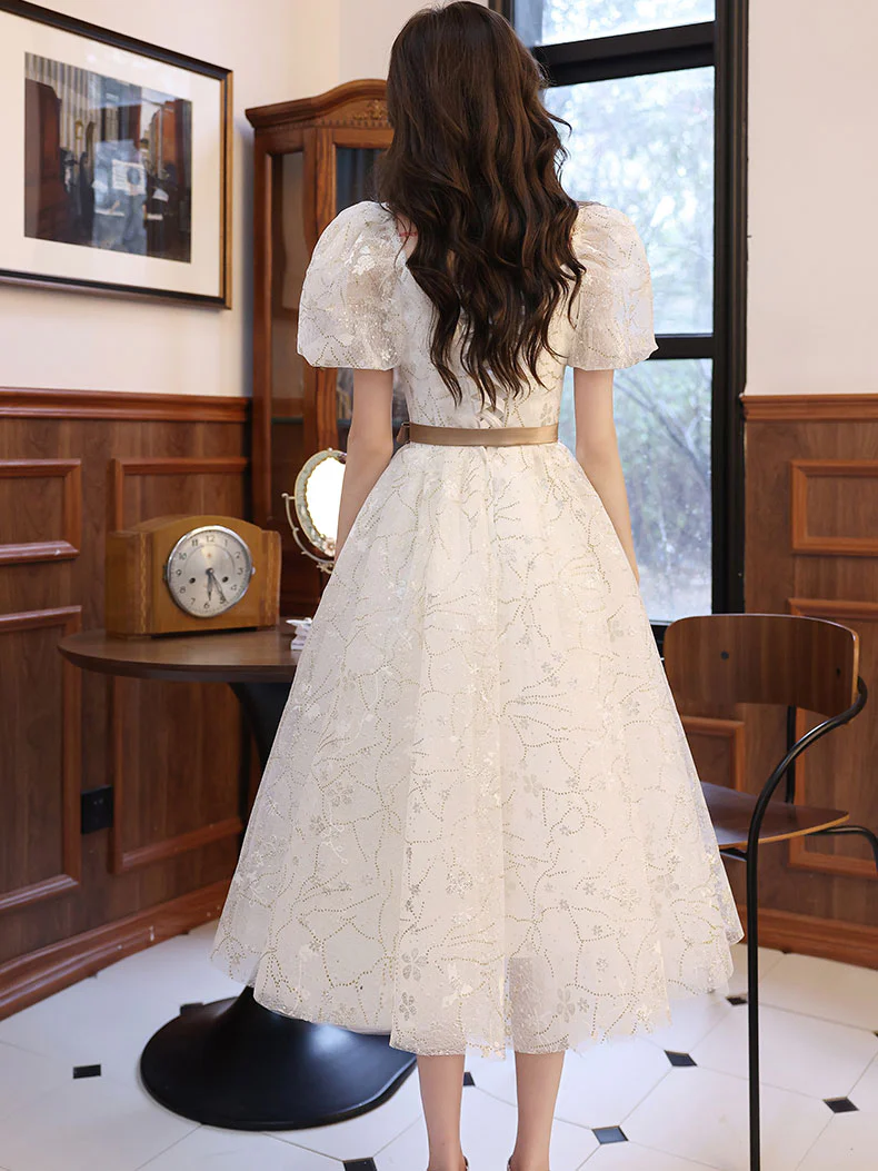White A-line Lace Tulle Beige Short Prom Dress, Beige Homecoming Dress - Deanwangkt