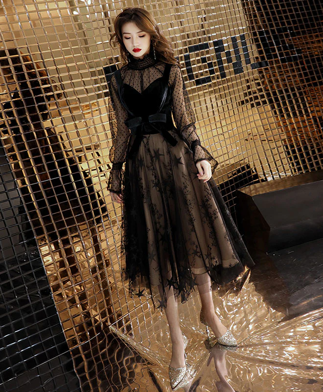 Black Tulle Lace Short Prom Dress, Black Lace Homecoming Dress - Deanwangkt