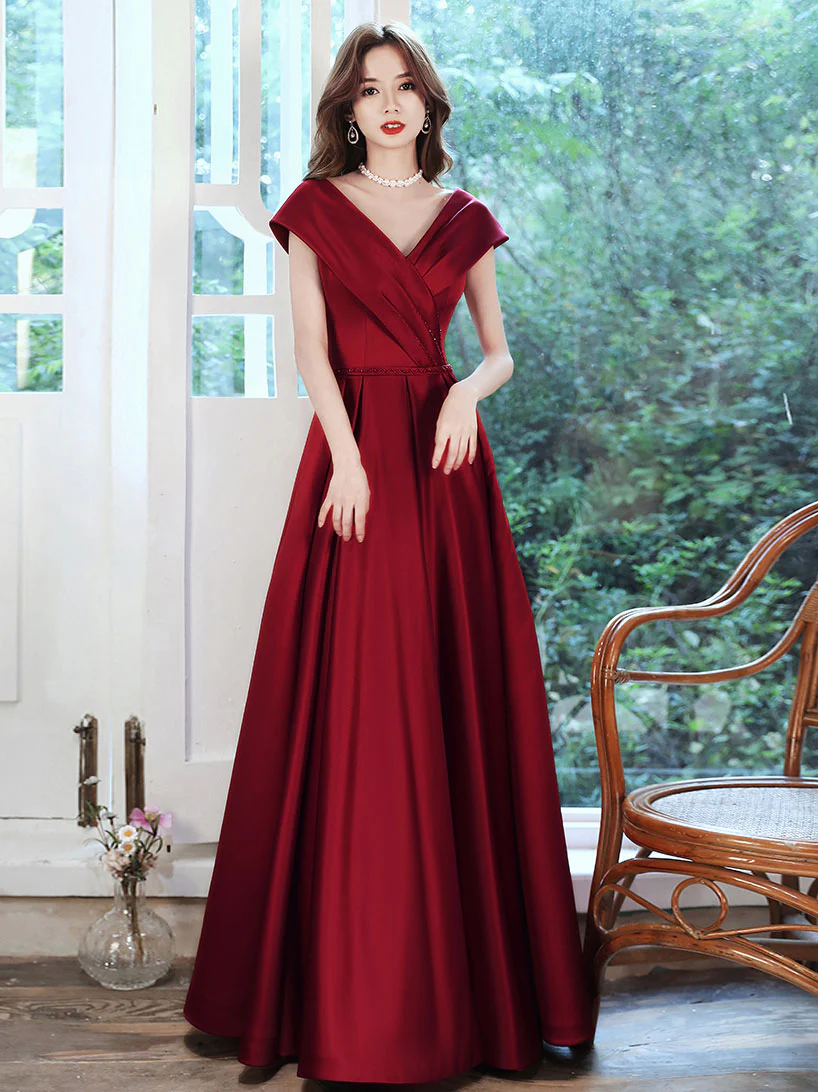 Simple V Neck Burgundy Long Prom Dress, Burgundy A-line Formal Dresses - Deanwangkt