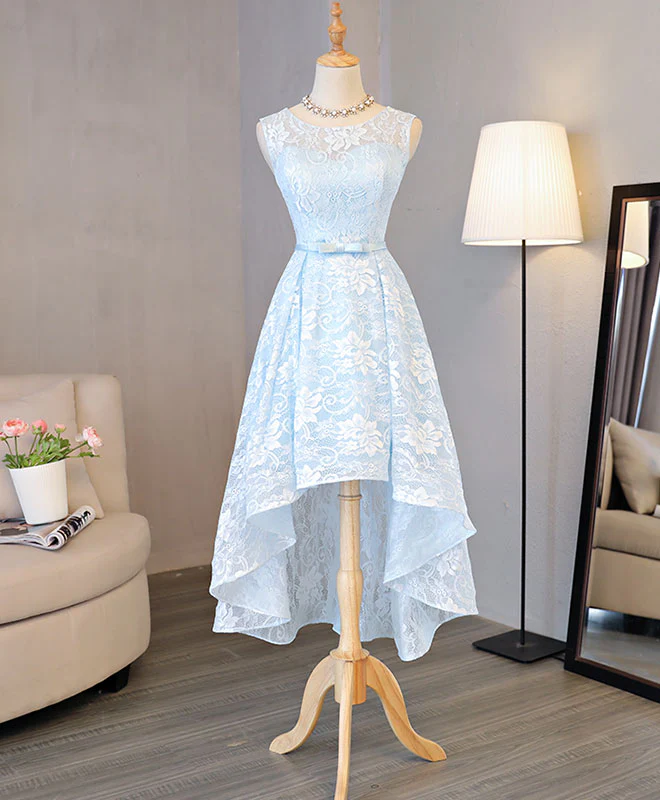 Light Blue Lace High Low Prom Dress, Homecoming Dress - Deanwangkt