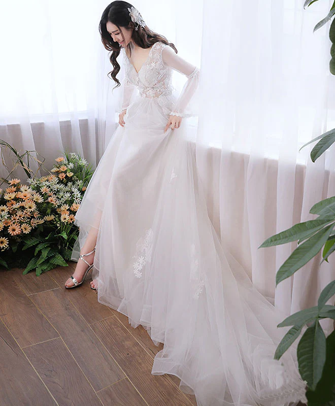 White V Neck Tulle Lace Long Prom Dress, White Evening Dress - Deanwangkt