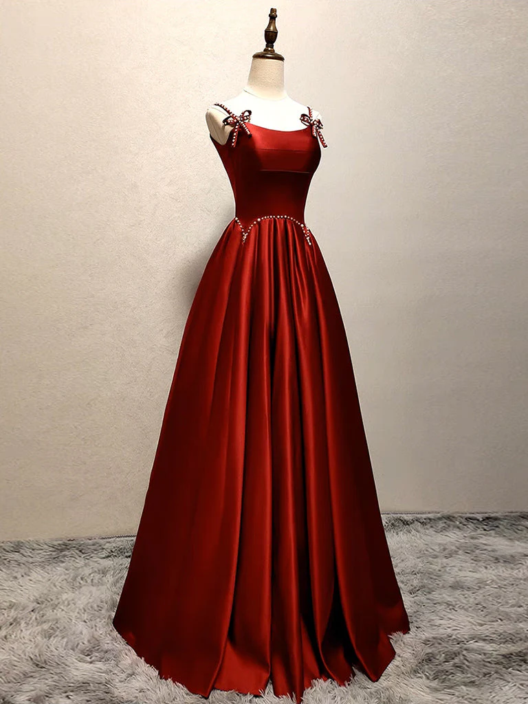 A-Line Satin Burgundy Long Prom Dress, Burgundy Long Formal Dress - Deanwangkt