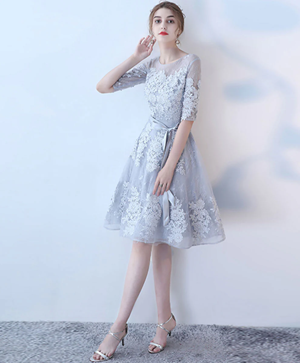 Gray Round Neck Tulle Lace Short Prom Dress Gray Homecoming Dress - Deanwangkt