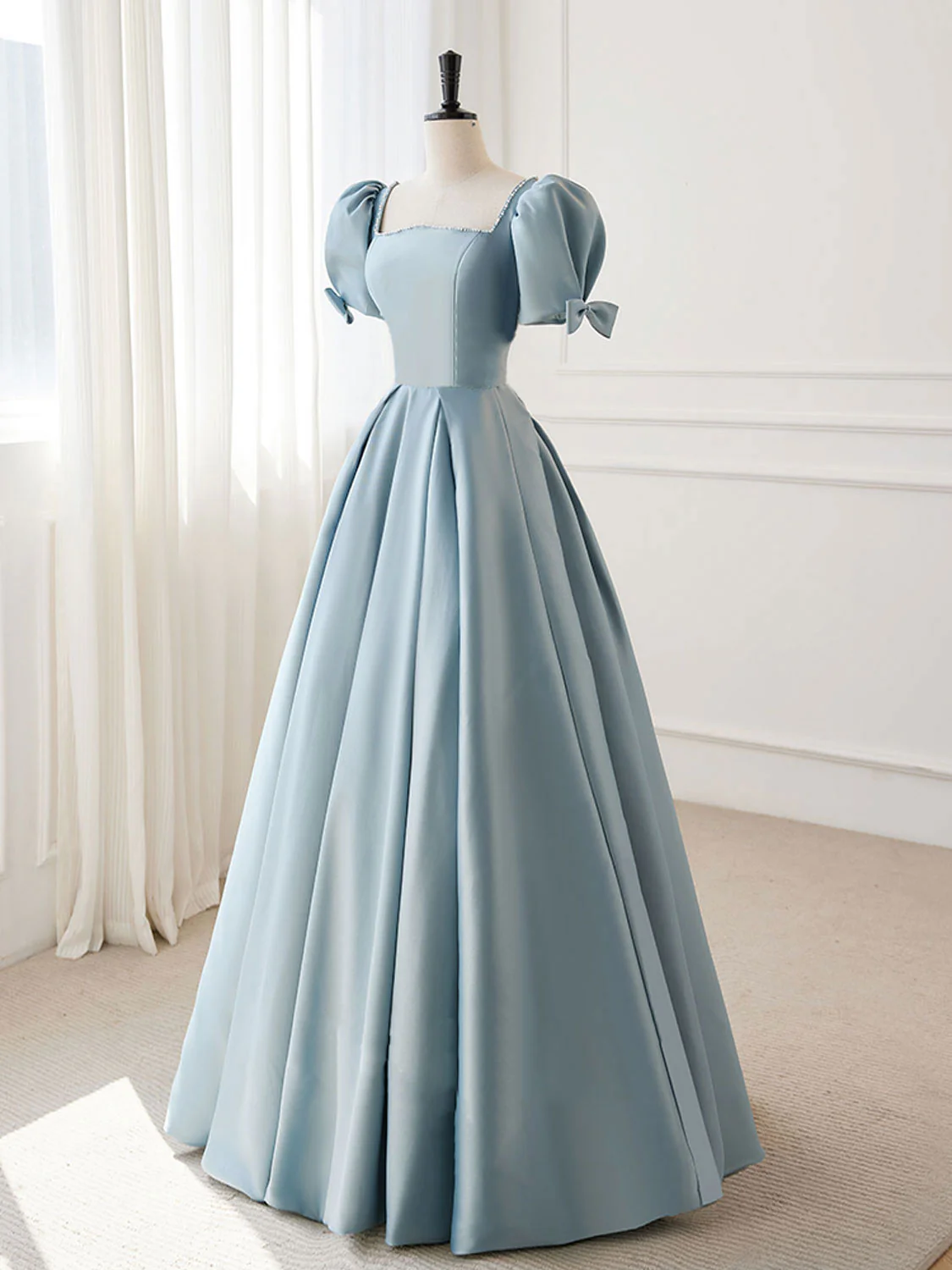 A-Line Blue Satin Puffy Sleeve Long Prom Dress, Blue Formal Dresses - Deanwangkt