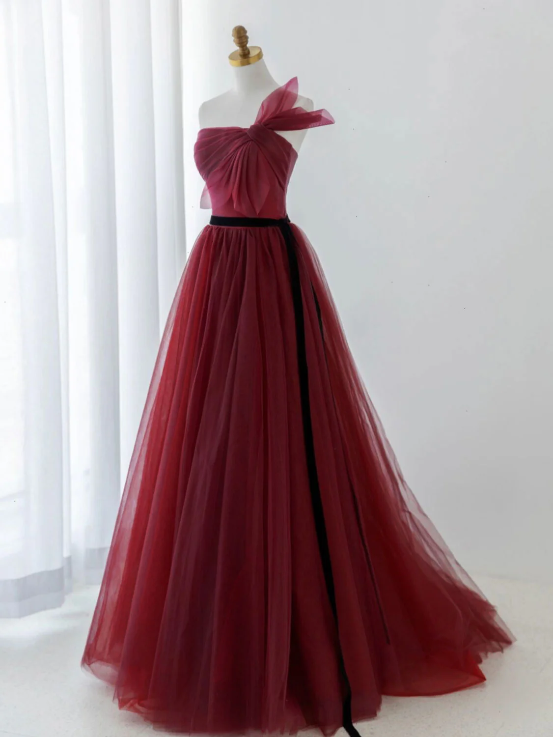A-Line Tulle Burgundy Long Prom Dress, Burgundy Formal Evening Dress - Deanwangkt