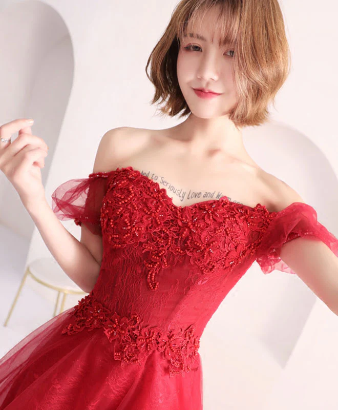 Burgundy Lace Short Prom Dress, Burgundy Evening Dress - Deanwangkt